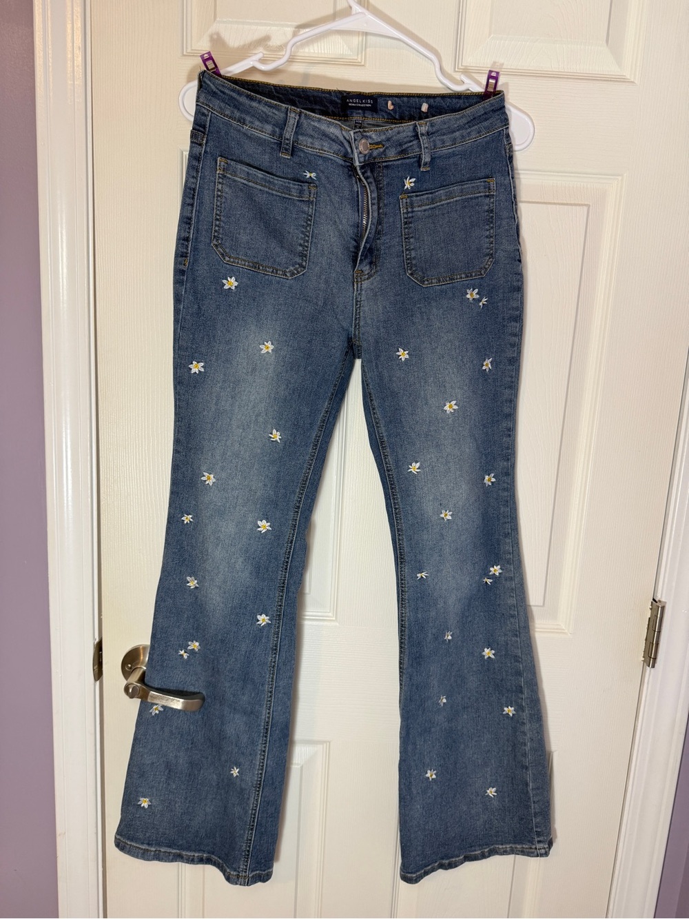 Angel Kiss Blue Denim Flare Jeans with White & Yellow Daisy Embroidery